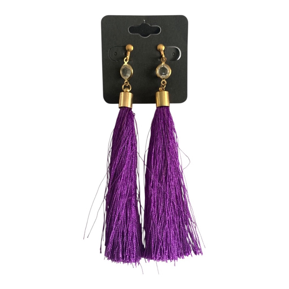 Handmade Gold Accent Long Purple Clip-On Tassel Earrings With Rhinestone